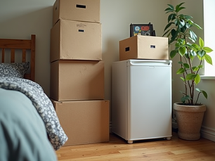Packed boxes and a small fridge ready for college move-out