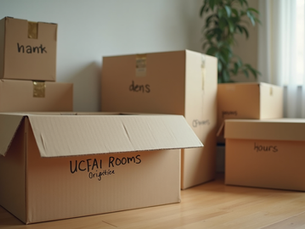Eye-level view of packed moving boxes labeled for different rooms in an apartment