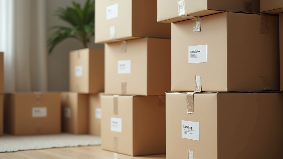 Close-up view of stacked moving boxes labeled for storage