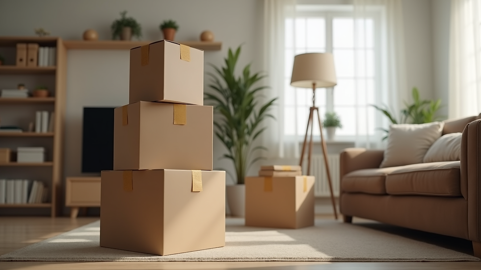 Close-up view of labeled moving boxes stacked in a living room ready for transport