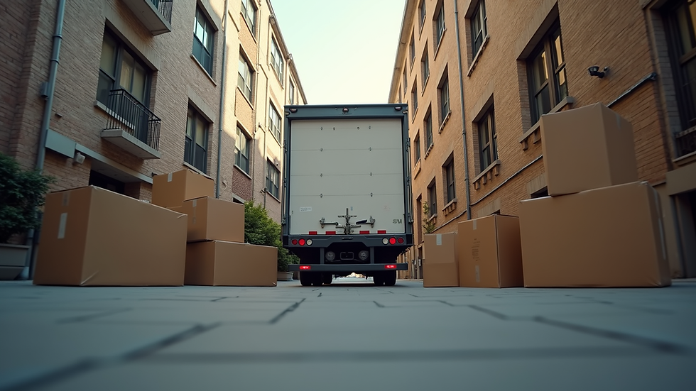 Eye-level view of a moving truck parked outside an apartment building with boxes being loaded