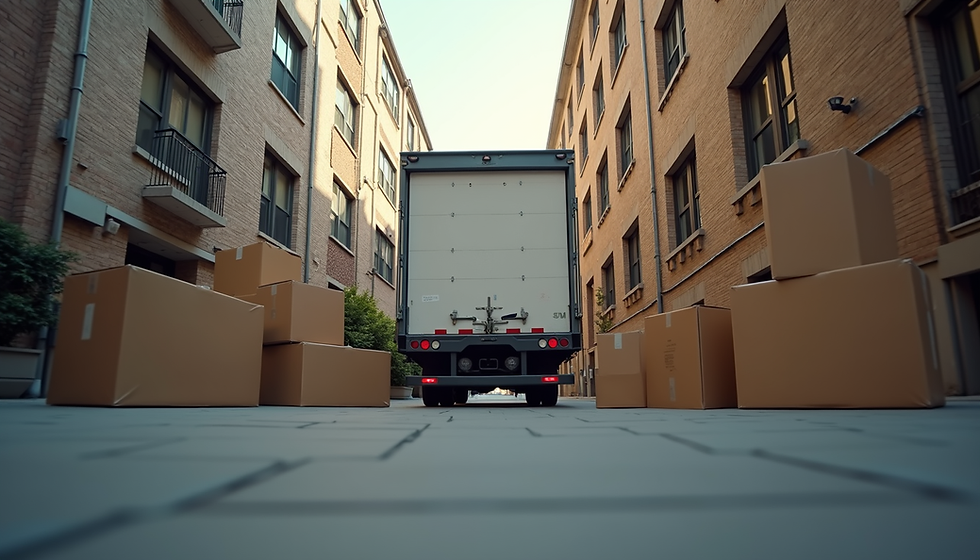 Eye-level view of a moving truck parked outside an apartment building with boxes being loaded