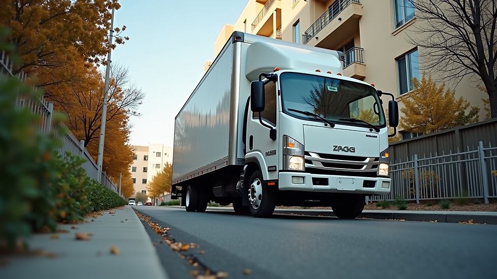 Eye-level view of a moving truck parked outside an apartment building