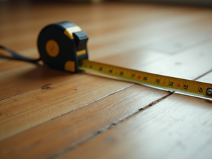 Close-up view of a tape measure on wooden floor showing measurements