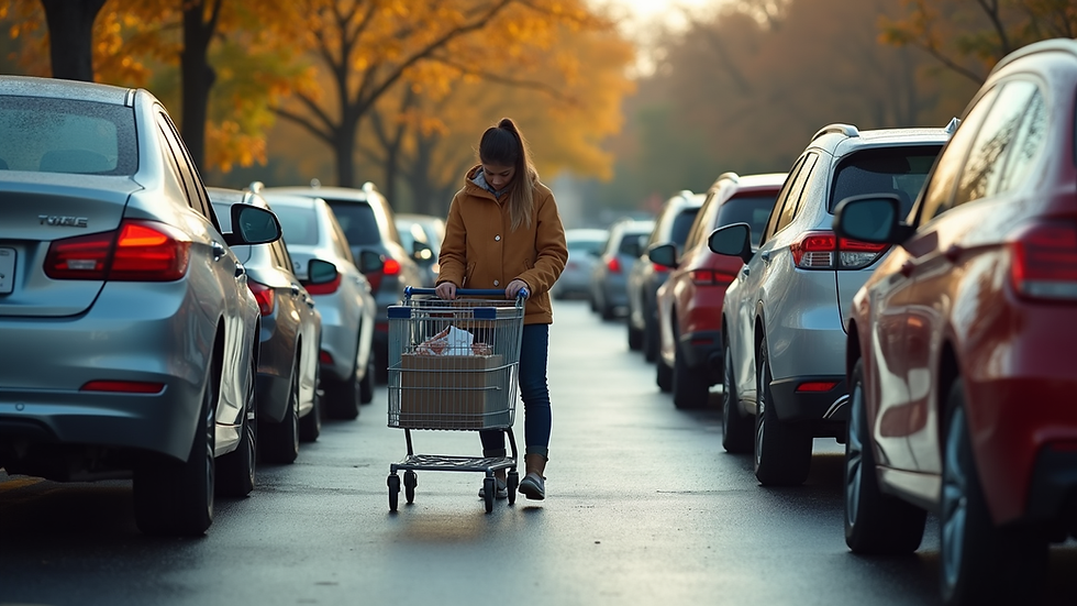 Eye-level view of a grocery pickup area with cars lined up for order collection