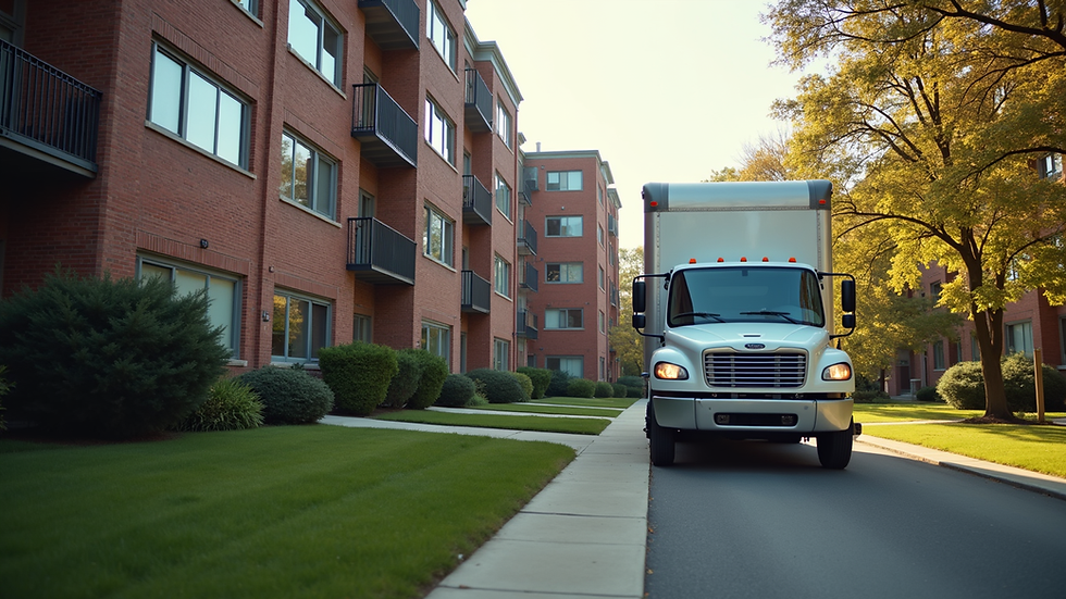 Eye-level view of a moving truck parked outside a college dorm building