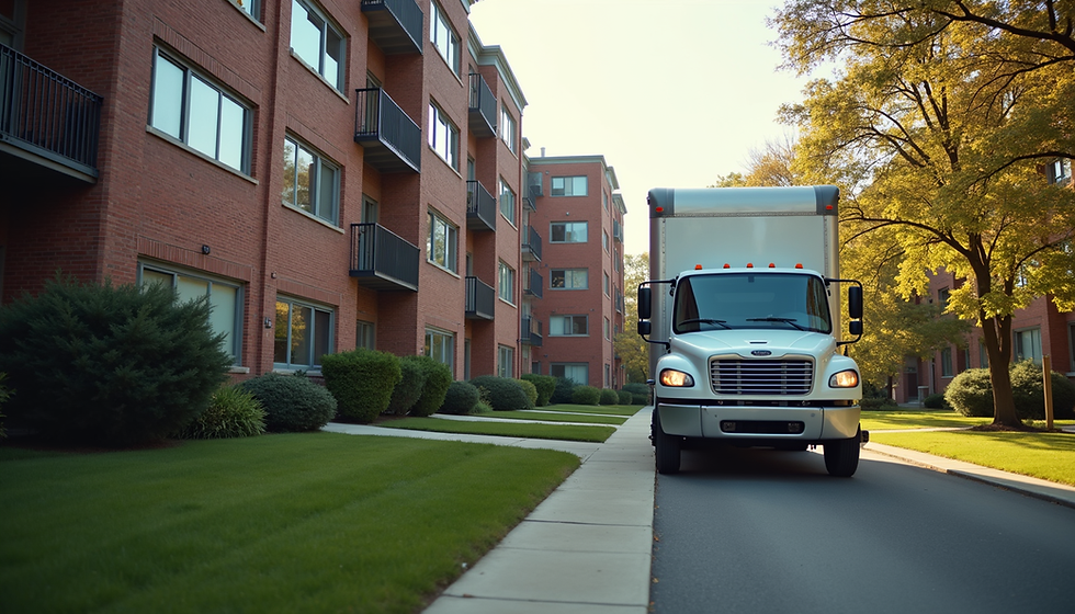 Eye-level view of a moving truck parked outside a college dorm building