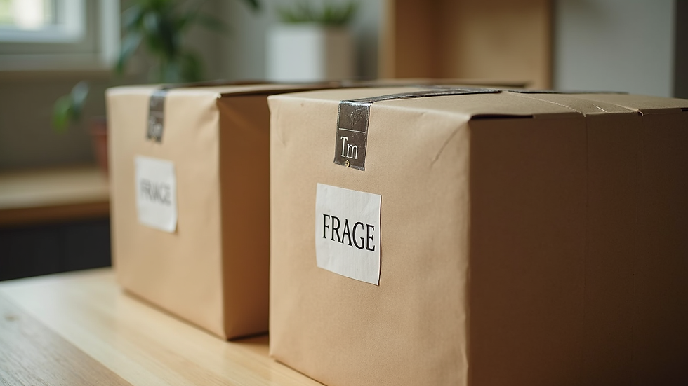 Close-up view of packed kitchen boxes labeled fragile