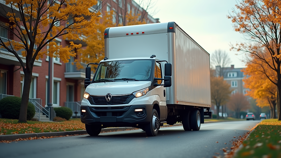 Close-up view of a moving truck parked near a university apartment complex