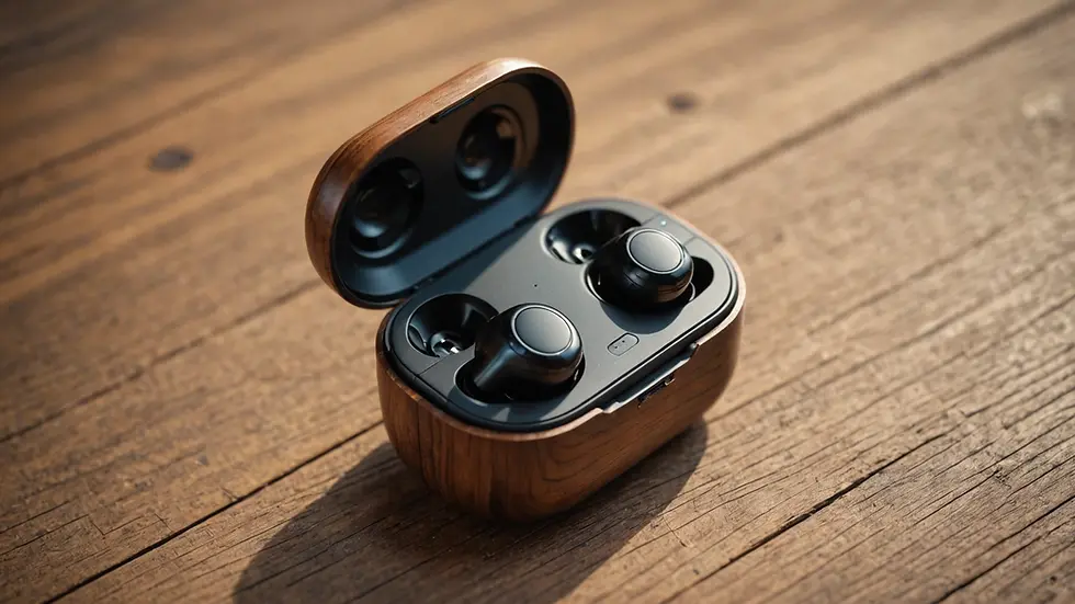 Close-up view of wireless earbuds on a wooden surface