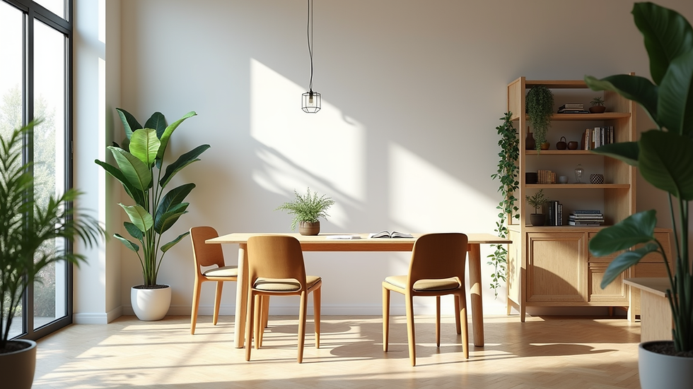 Vue en plongée d’un espace de travail moderne avec mobilier en bois clair et plantes