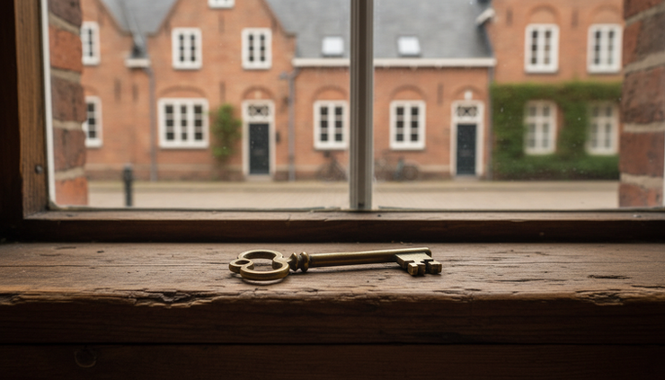 Close-up view of a house key resting on a wooden windowsill inside an older Schwerin home
