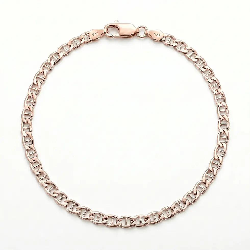 Küçük resim: Beyaz fonda yansımalı, papağan klipsli 2.50 mm rose gold kaplama gümüş düz denizci zincir kadın bileklik.