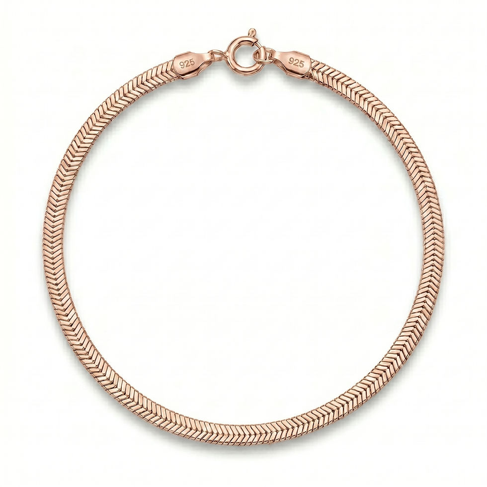 Küçük resim: Beyaz fonda yansımalı, yaylı halka klipsli 2.50 mm rose gold kaplama gümüş yassı yılan zincir kadın bileklik.