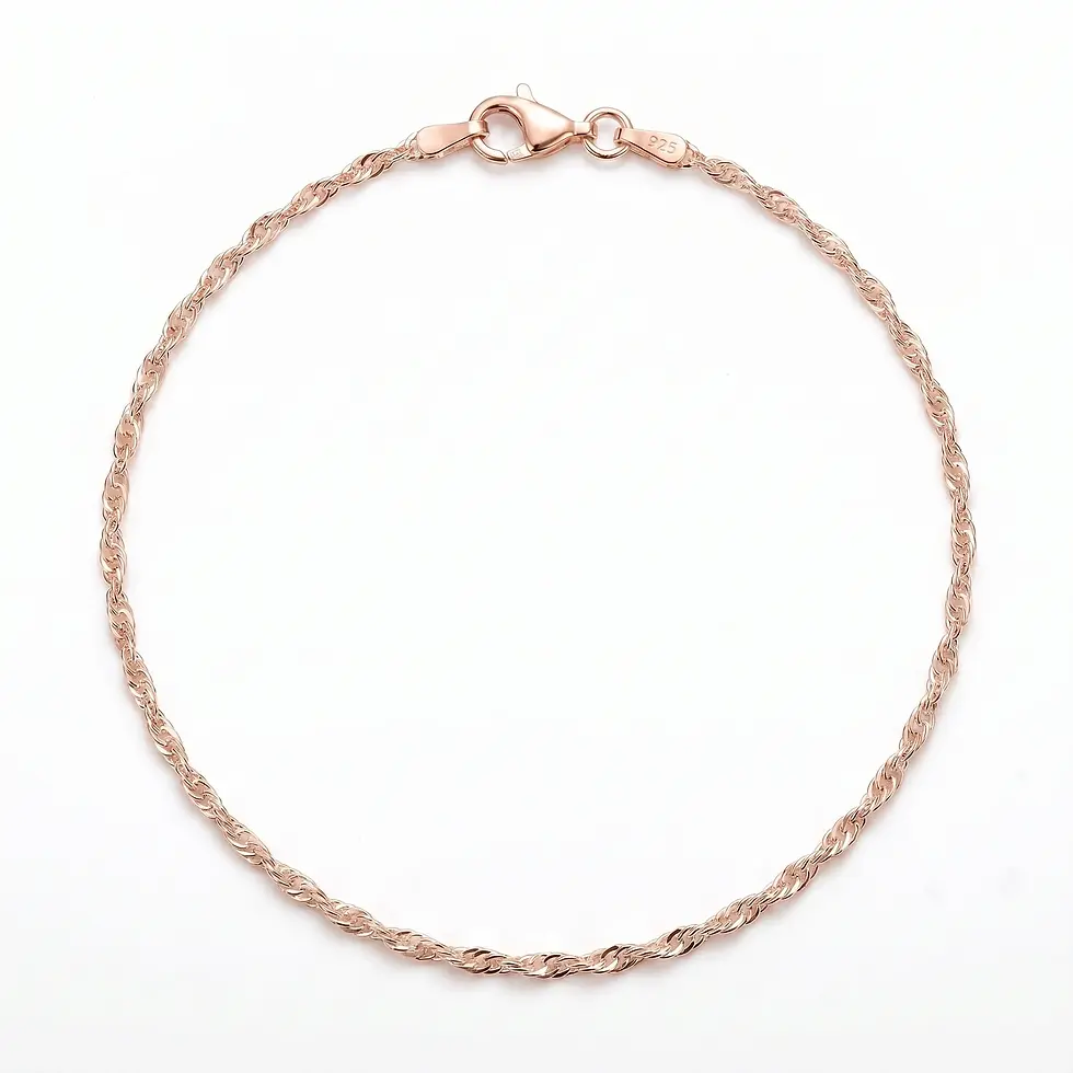 Küçük resim: Beyaz fonda yansımalı, papağan klipsli 1.94 mm rose gold kaplama gümüş Singapur zincir kadın bileklik.