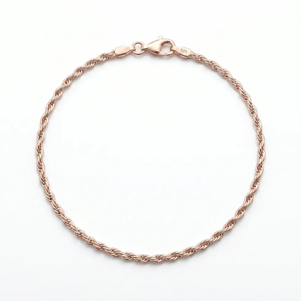 Küçük resim: Nötr fonda yansımalı, rose tonda burma spiral yapılı 1.35mm rose gold kaplama gümüş erkek bileklik.