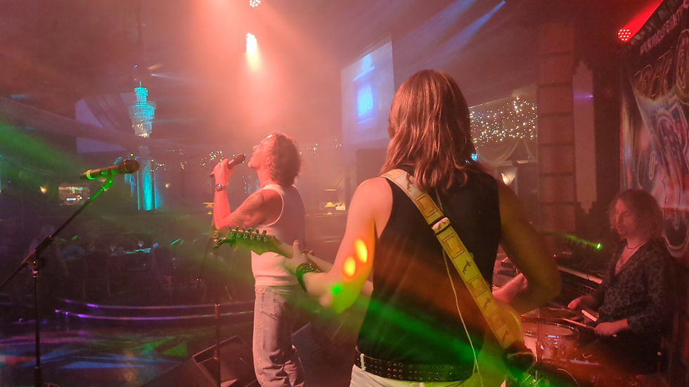 Paul Burdett on Guitar with Harrison Breeze on lead vocal performing Queen at Live Aid