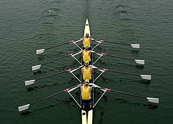 row boat quad at the catch four people, eight oars, skulling