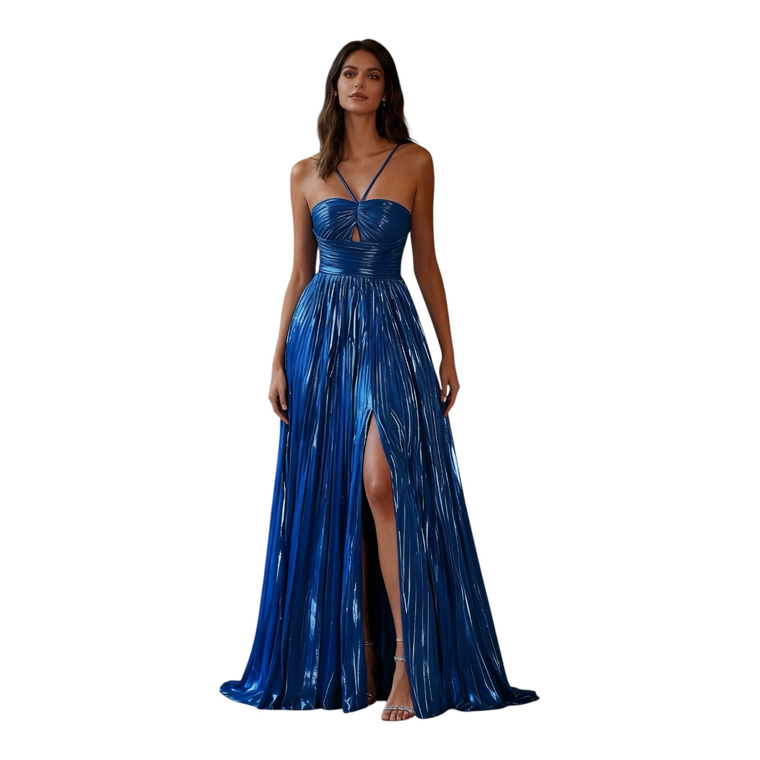 Azura metallic blue pleated prom dress with keyhole neckline, cross straps, fitted waistband, and thigh-high slit.