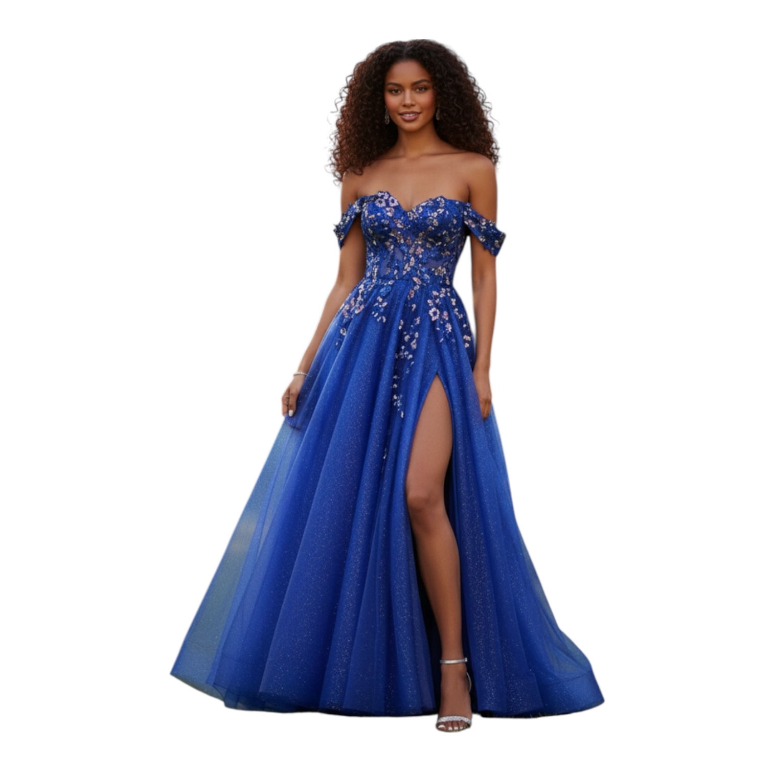 Front view of the Cressida Royal Blue Floral Appliqué Gown — off-the-shoulder neckline, high slit, and embellished tulle