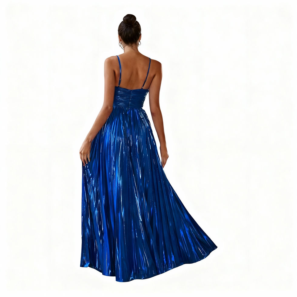 Back view of Azura metallic blue pleated prom dress featuring thin straps, ruched waistband, and flowing pleated skirt.