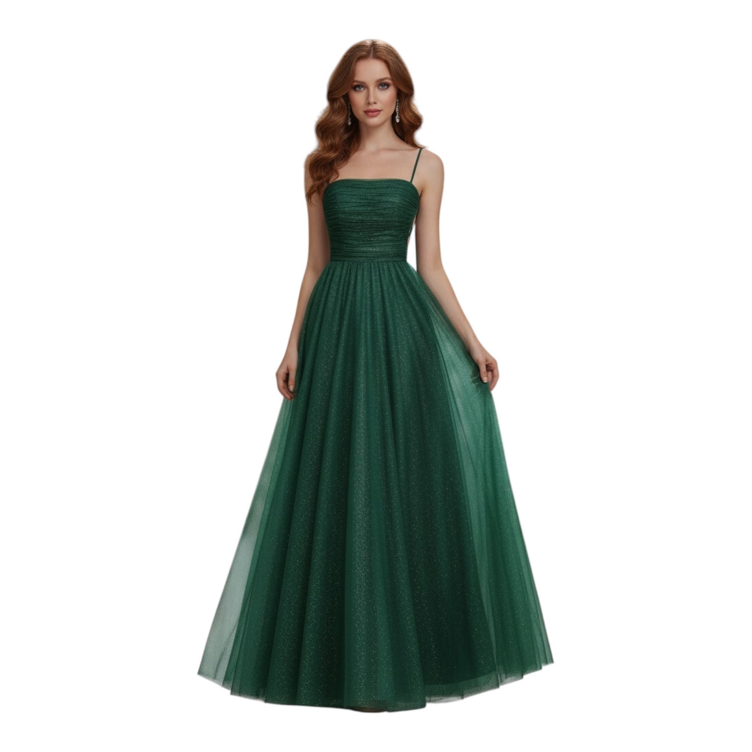 Front view of the Velora Emerald Green Glitter Tulle Gown — fitted ruched bodice with thin straps and full A-line tulle skirt