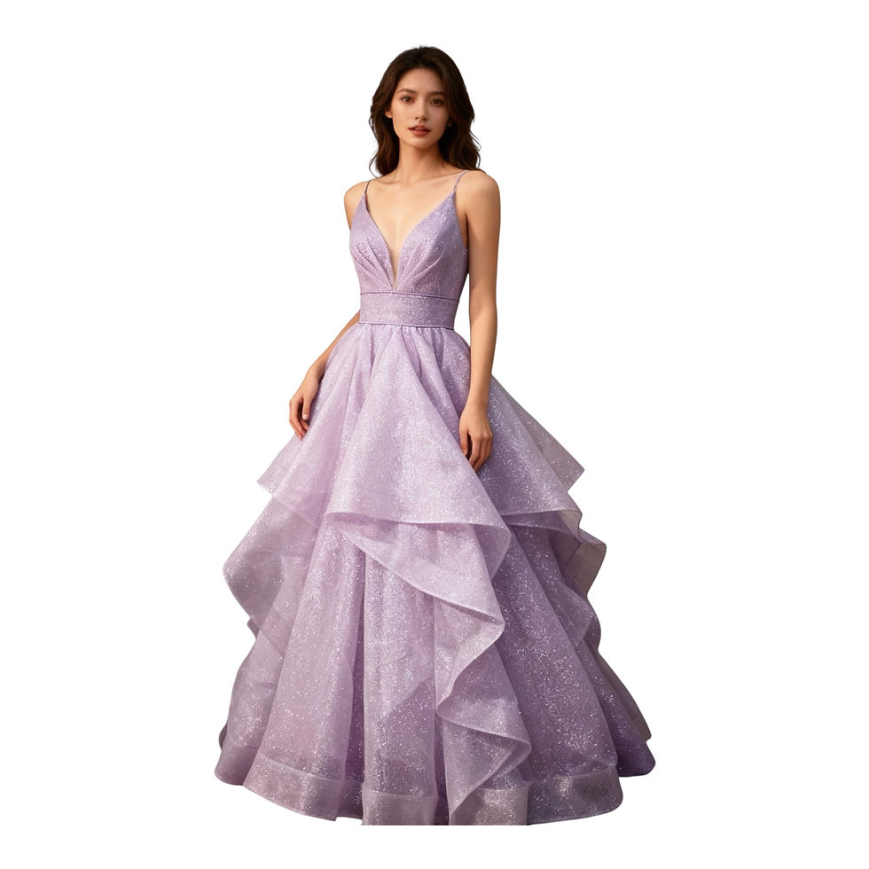 Front view of the Seraphina Lilac Sparkle Layered Ball Gown — deep V-neckline, satin waistband, and tiered glitter tulle