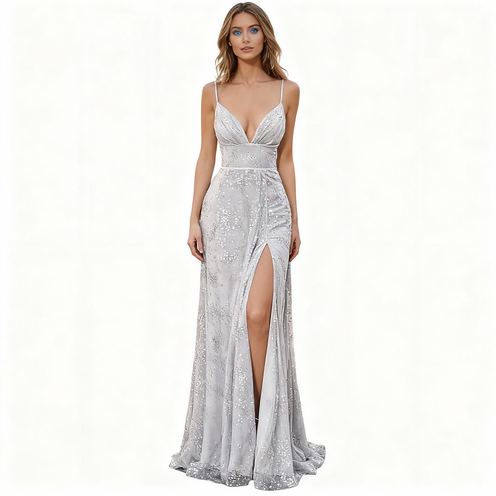 Maristella silver sequin gown with deep V-neckline, thigh-high slit, and fitted waist.