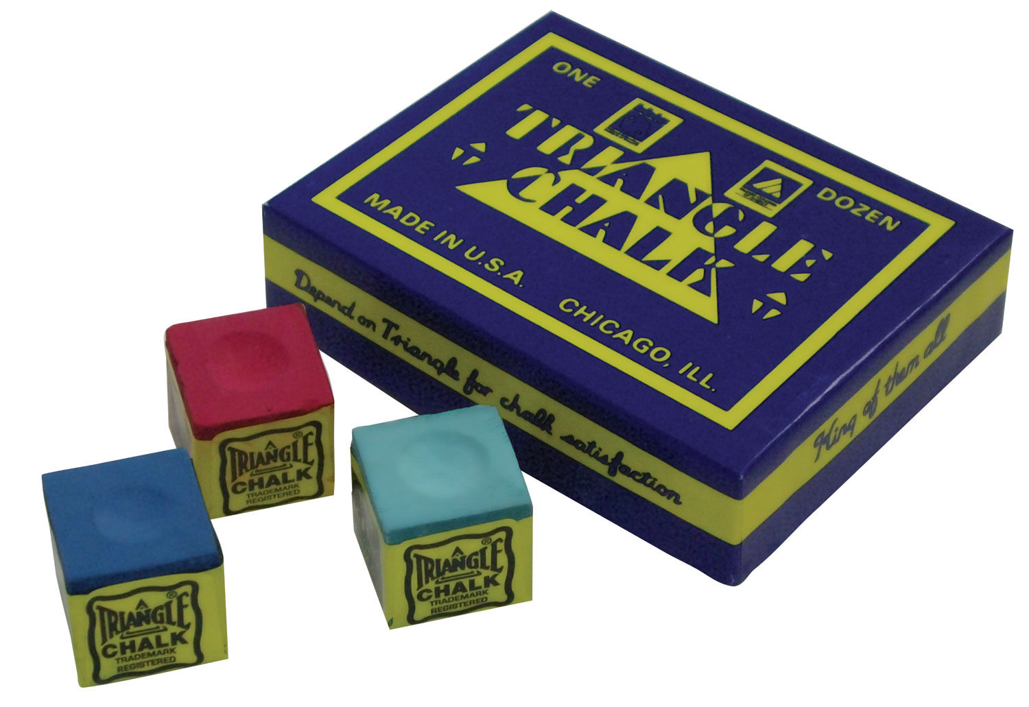 Triangle Chalk box and colorful cubes, Made in USA, Chicago, IL text