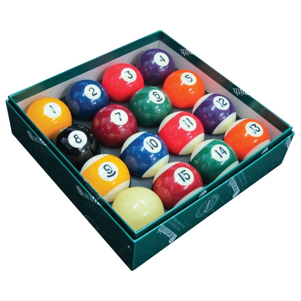 Billiard balls inside a green box, numbers one through fifteen visible.