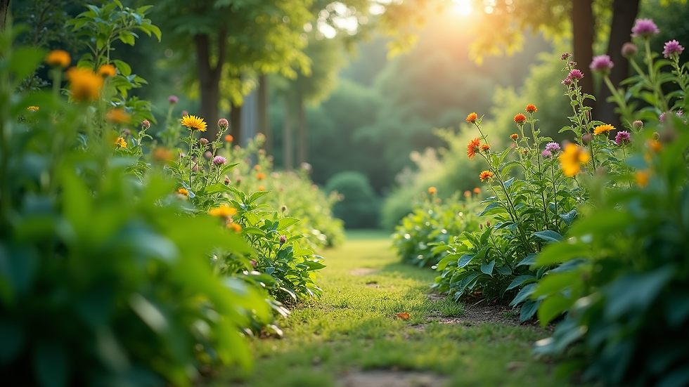 Eye-level view of a lush green garden with diverse plants