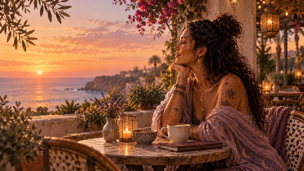 A grounded watercolor illustration of a woman writing in her journal with a coffee cup at a sunset beach balcony, representing transitional life coaching tools