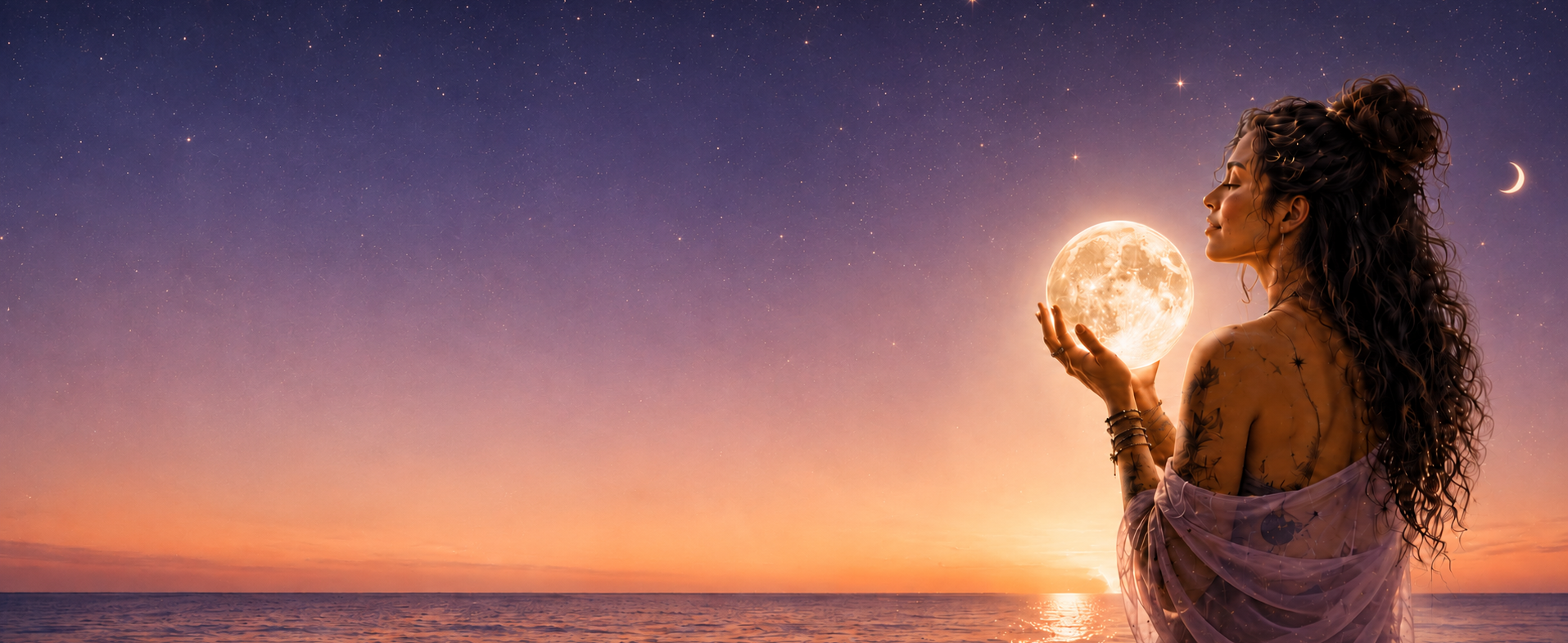 An artistic twilight illustration of a woman holding a glowing crescent moon over a calm ocean beach horizon, representing sp