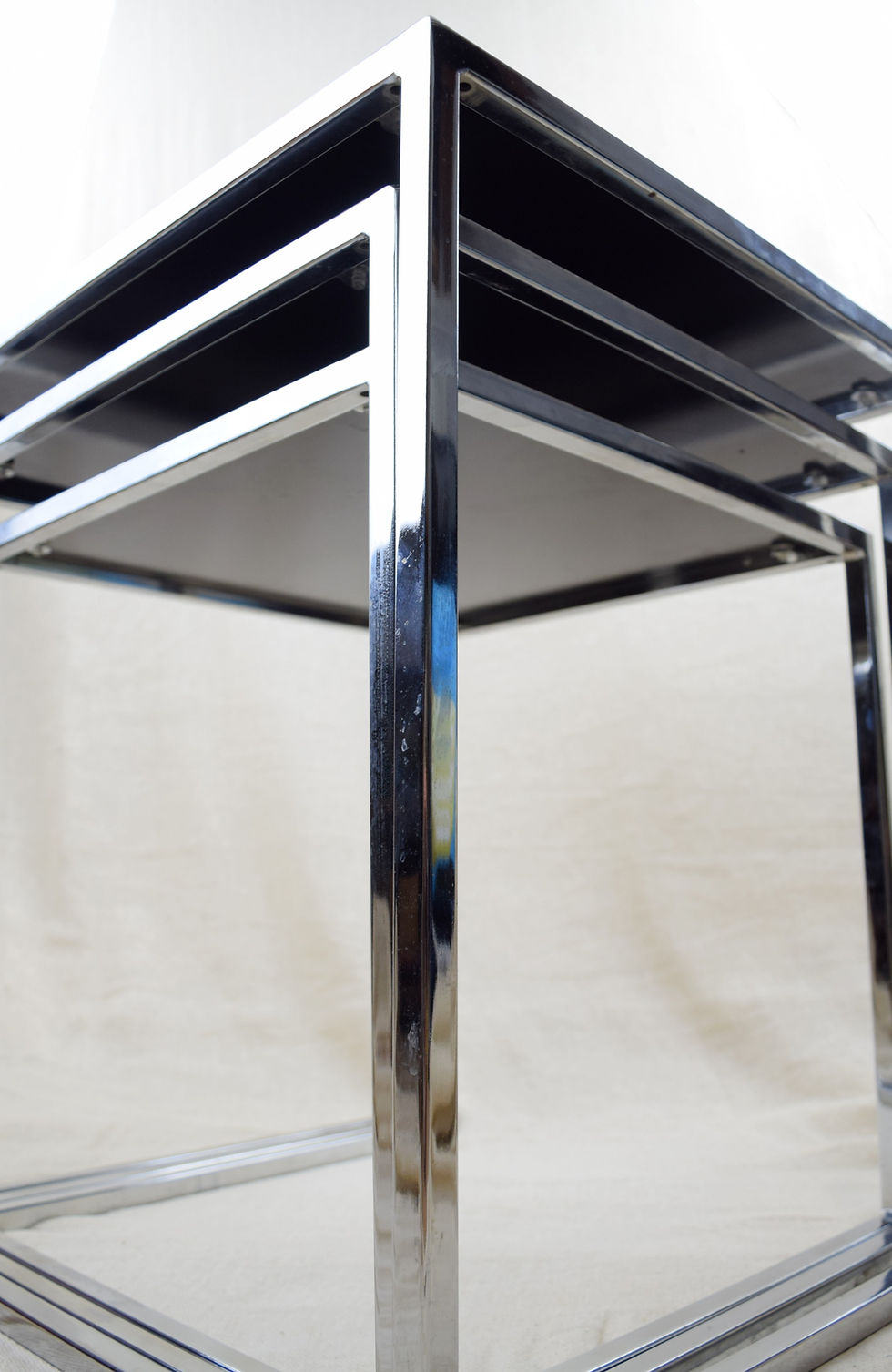 Thumbnail: Vintage Chrome and Black Glass Nest of Tables