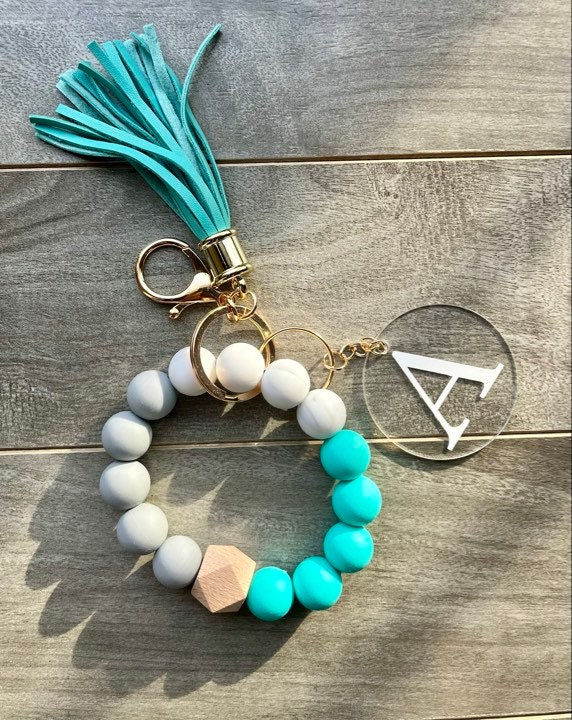 Personalized/Customized Silicone Bead Bracelet/Wristlet Keychain/Teal