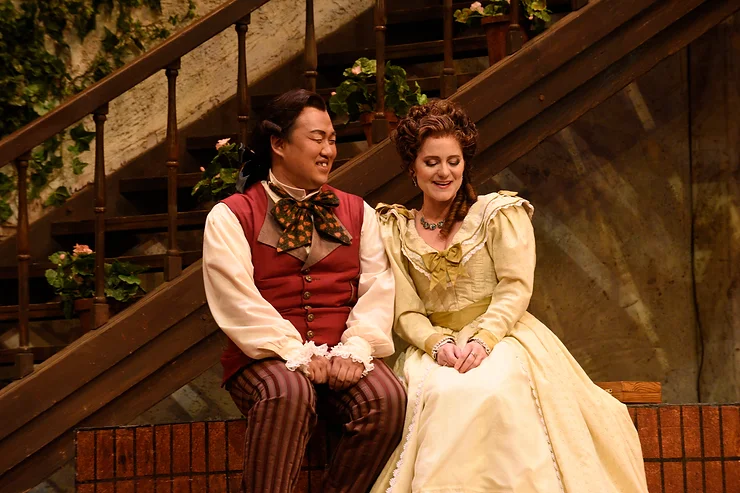 Figaro (Joo Won Kang) and Rosina (Megan Marino) in "The Barber of Seville" FWO 2016; photo by Karen Almond.