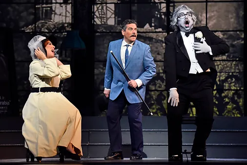 Norina (Audrey Luna), Doctor Malatesta (Andrew Wilkowske) surprise Don Pasquale (Burak Bilgili); photo by Ben Torres.