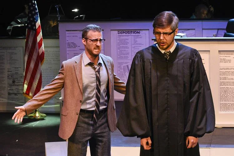 Dr. Henry Milton (Trevor Martin) professes his guilt to Judge Dodsworth (Nate Mattingly), in 'Voir Dire'; Karen Almond, Fort Worth Opera
