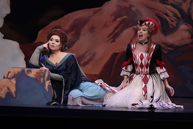 Sopranos Marjorie Owen (Ariadne) and Audrey Luna (Zerbinetta); photo by Ellen Appel, Fort Worth Opera.
