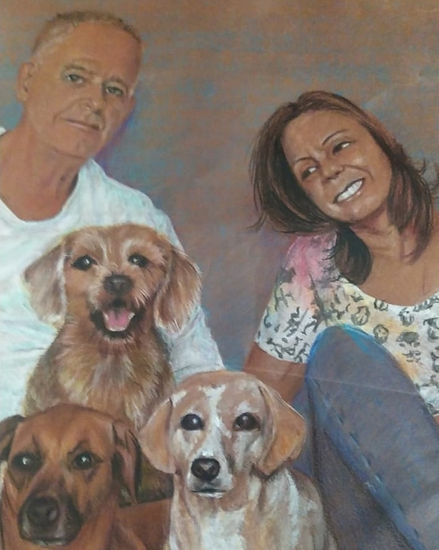 Desenho de um casal e seus três cachorros