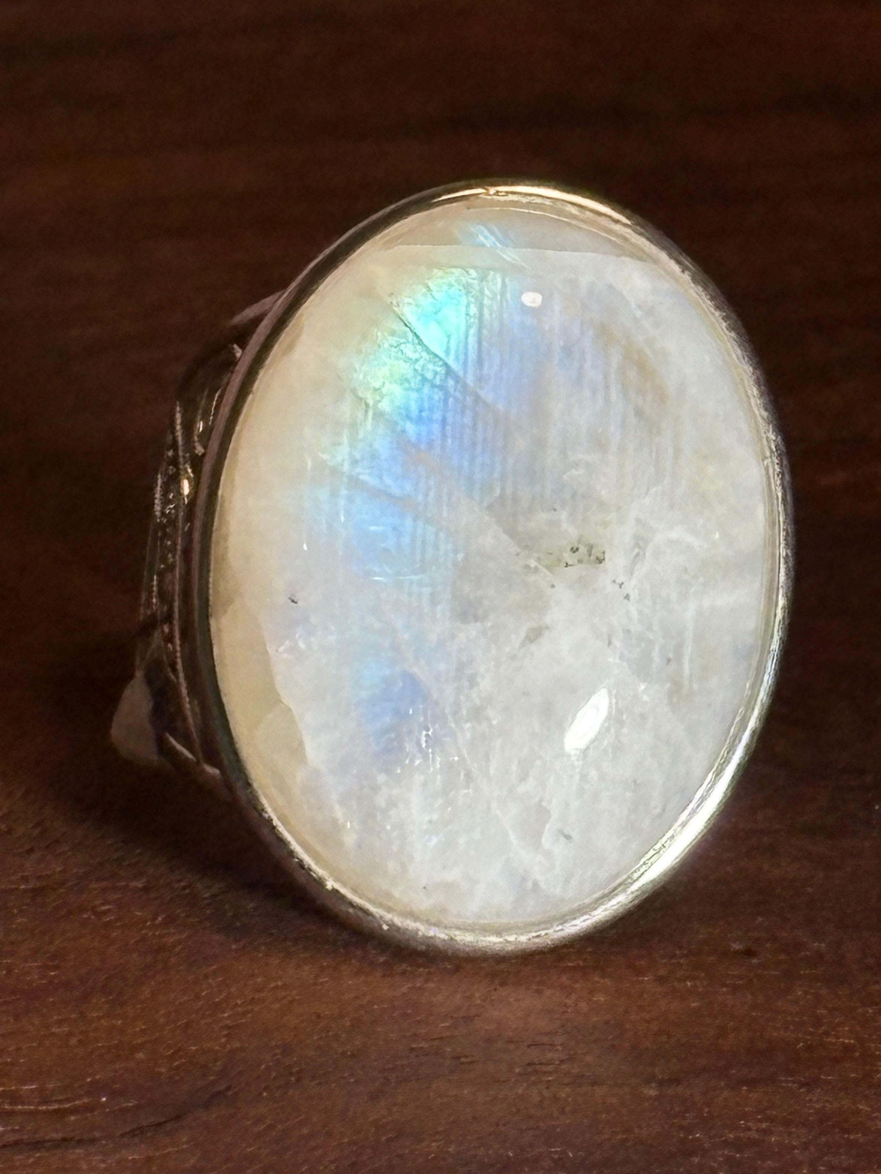 Sterling Silver Large Rainbow Moonstone Ring Adjustable Size