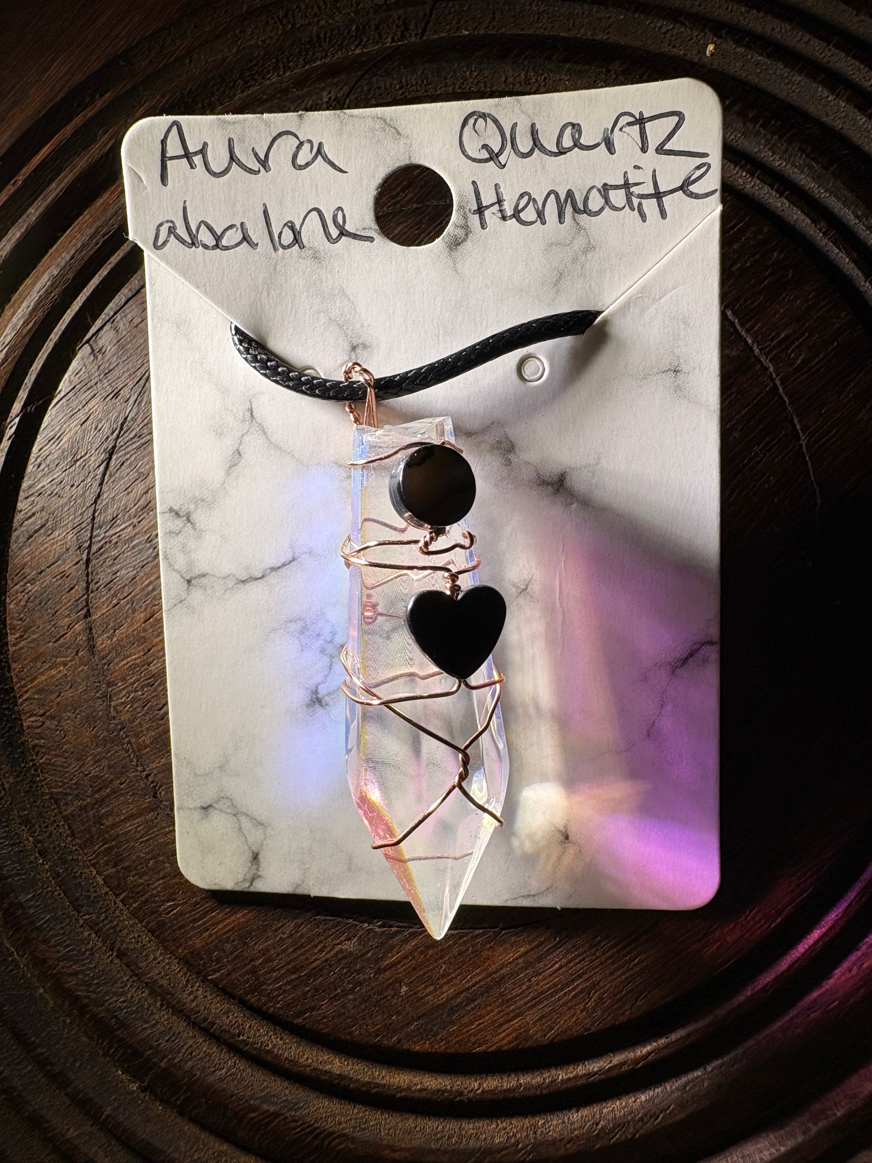 Aura Quartz Hematite and Abalone Prism Pendant 