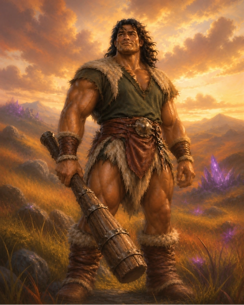 Knogg Shadowlong holding the Club of Distraction in a landscape of purple crystals.