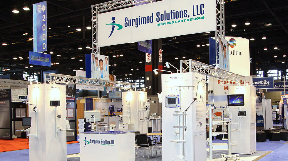 Surgimed Solutions exhibit booth showcasing custom medical carts and mounting systems at a U.S. medical device trade show.