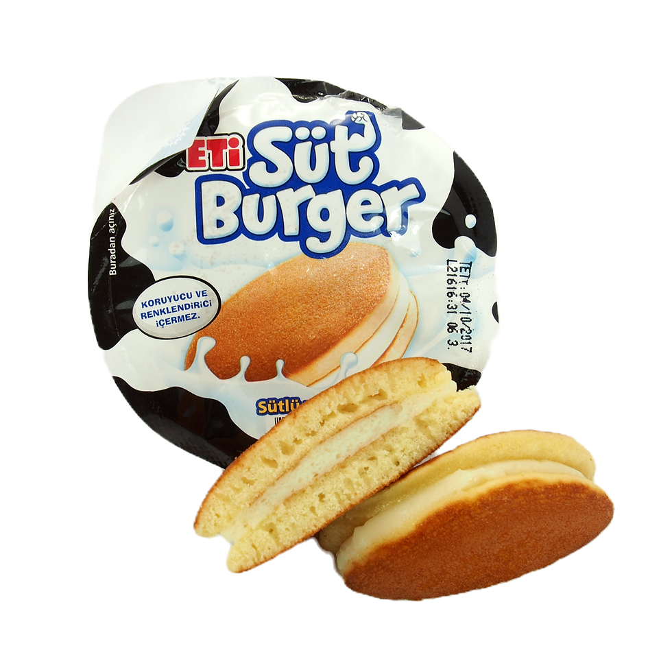 Thermoformed package of Eti Süt Burger with a cream-filled sponge cake, partly open.