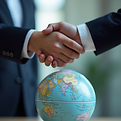 A professional handshake over a stylized globe, symbolizing international agreements and t