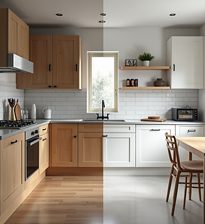 Home renovation progress_ a split image showing a dated kitchen on the left and a beautifu
