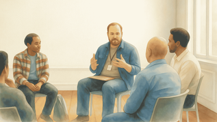 Men sit in a circle during a group therapy session, listening to a bearded man in blue speak in a bright room.