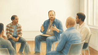 Men sit in a circle during a group therapy session, listening to a bearded man in blue speak in a bright room.
