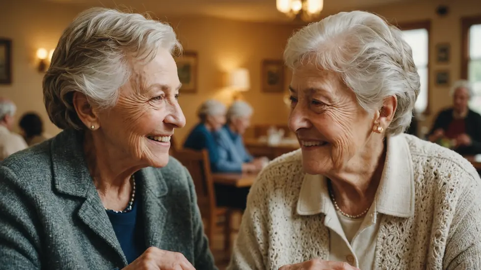 Close-up view of two elderly women happily interacting in a cozy community center setting